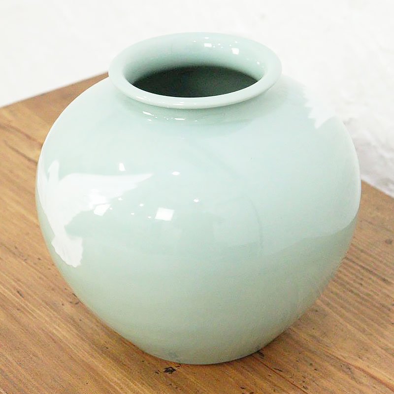 上品 青磁色 花瓶 壺 ふっくら 骨董 ヴィンテージ 日本製 （白鳩