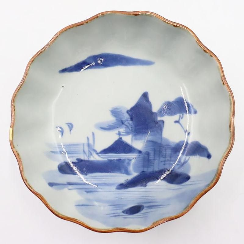 染付 手描き染付皿 明治大正 染付山水 直径14cm 金継ぎ