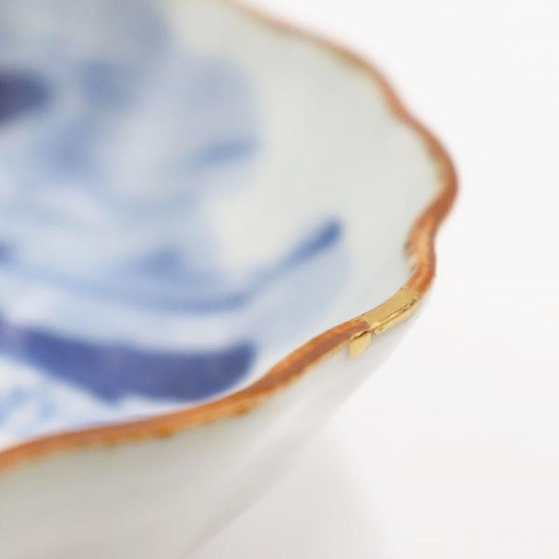 染付 手描き染付皿 明治大正 染付山水 直径14cm 金継ぎ