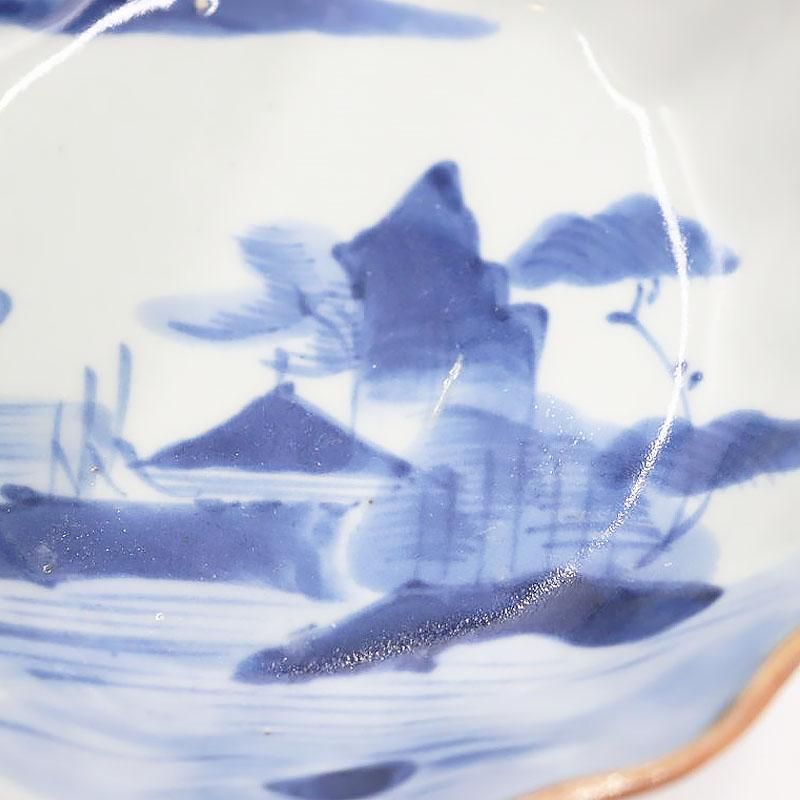 染付 手描き染付皿 明治大正 染付山水 直径14cm 金継ぎ