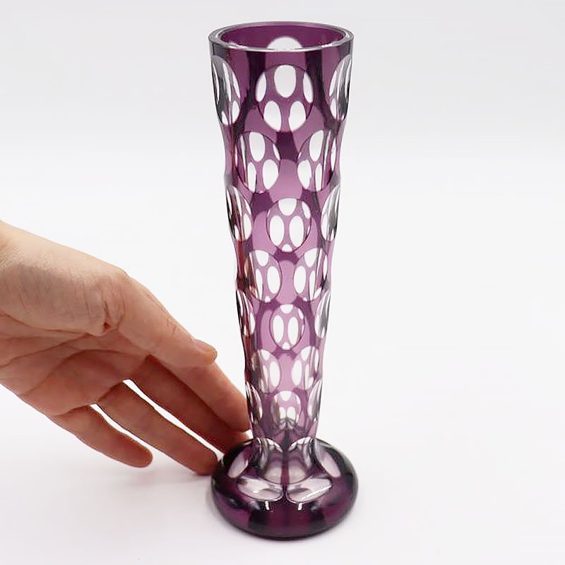 紫切子 ガラス 花器 花瓶 フラワーベース 一輪挿し 水玉 モダン 昭和