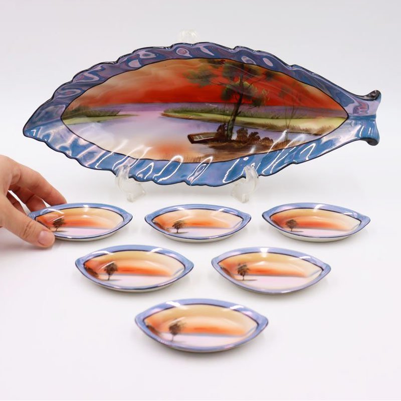 オールドノリタケ 湖畔風景 ラスター彩 リーフ型ディッシュ セロリ皿