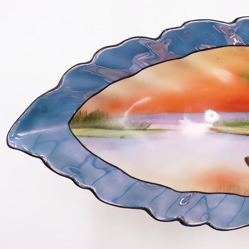 オールドノリタケ 湖畔風景 ラスター彩 リーフ型ディッシュ セロリ皿 