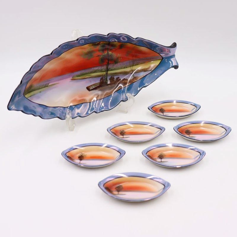 オールドノリタケ 湖畔風景 ラスター彩 リーフ型ディッシュ セロリ皿 