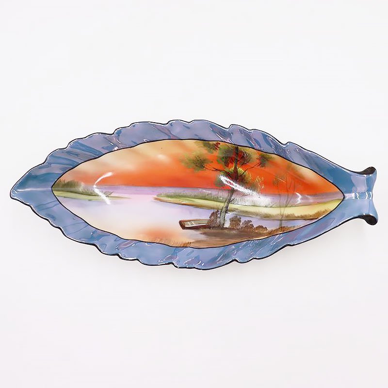 オールドノリタケ 湖畔風景 ラスター彩 リーフ型ディッシュ セロリ皿