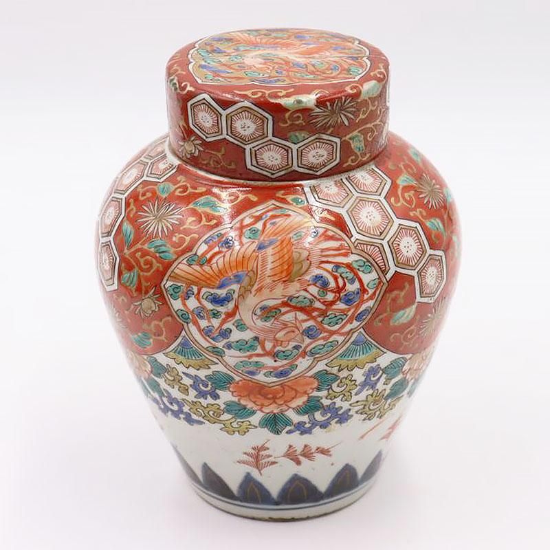 伊万里色絵花鳥図　茶壺　古伊万里　骨董　R1181お12 古伊万里 特大 沈香壺62cm 色絵鳳凰花鳥骨董品古美術品 蓋付き