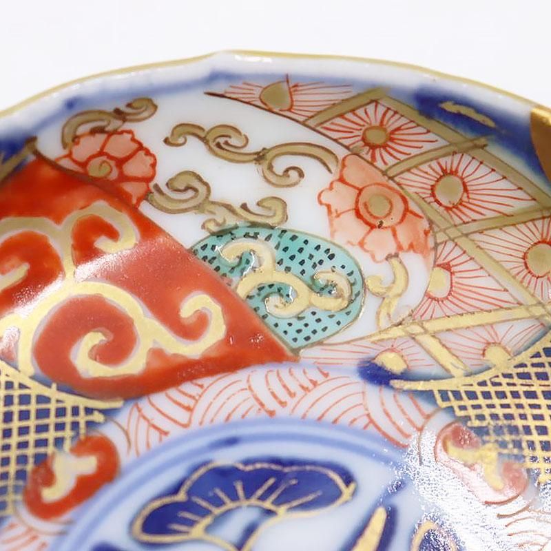 金継ぎ】手描き 赤絵 小皿 輪花 アンティーク和食器 カラフル 鮮やか