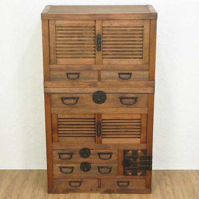 キャビネット 帳場箪笥 二段重ね 明治大正頃 重厚感 時代金具