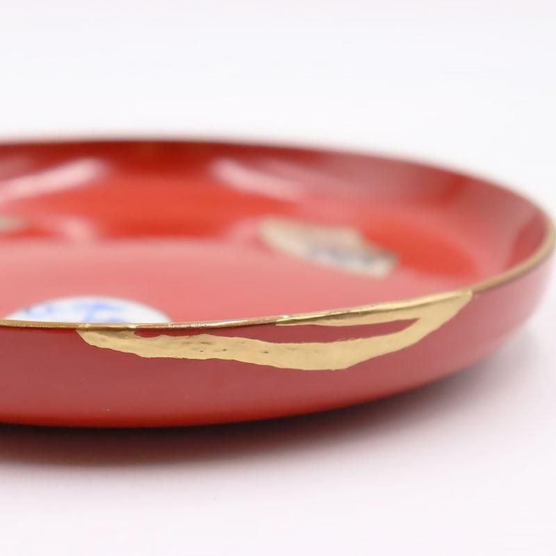 金継ぎ】希少 珍品 図変わり 朱塗り 陶磁器 埋め込み 木皿 菓子皿
