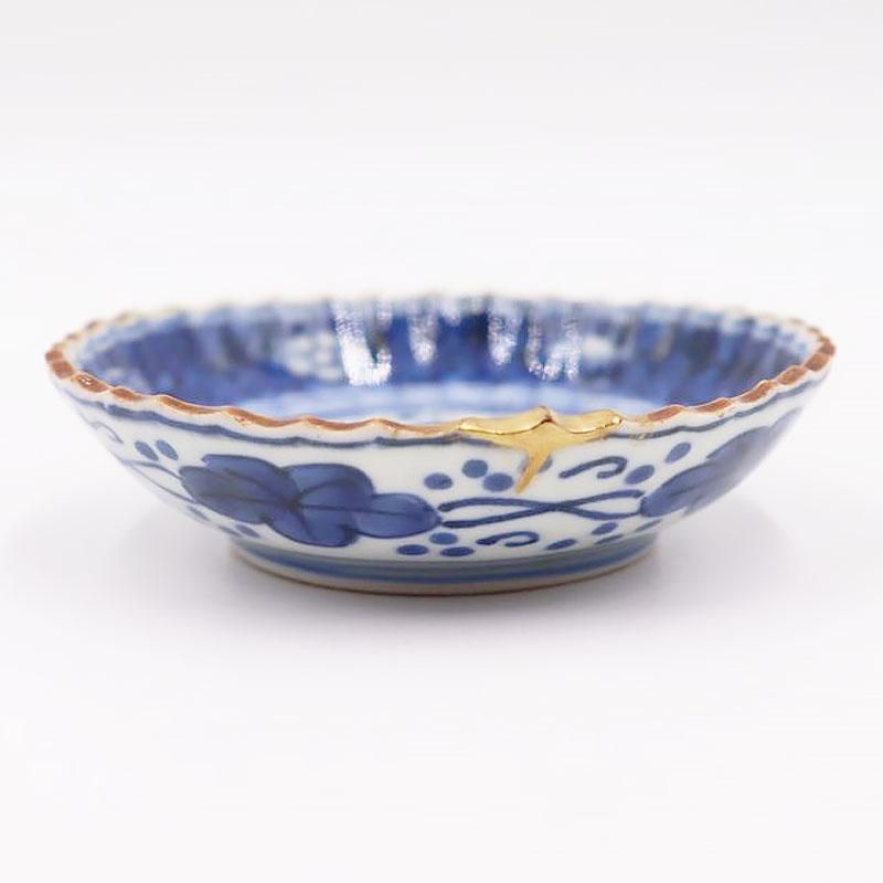 金継ぎ】手描き 染付 豆皿 いげ皿 藍色 呉須 ブルー 明治・大正