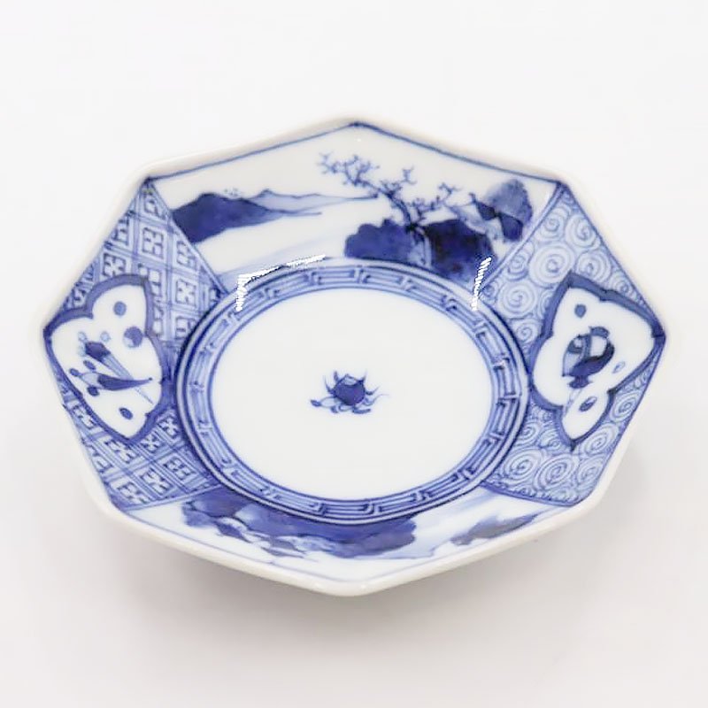 手描き 染付 八角 小皿 呉須 藍色 和食器 大正 昭和初期 アンティーク 