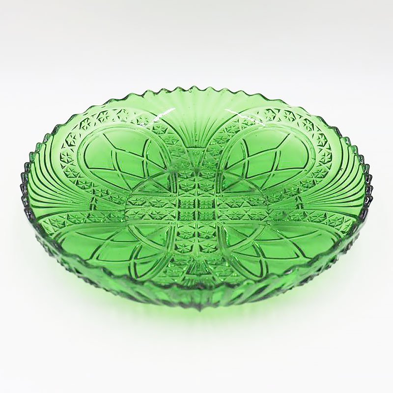 [週替わりセール]グリーン 緑 大正・昭和初期 プレスガラス 大皿 中皿 