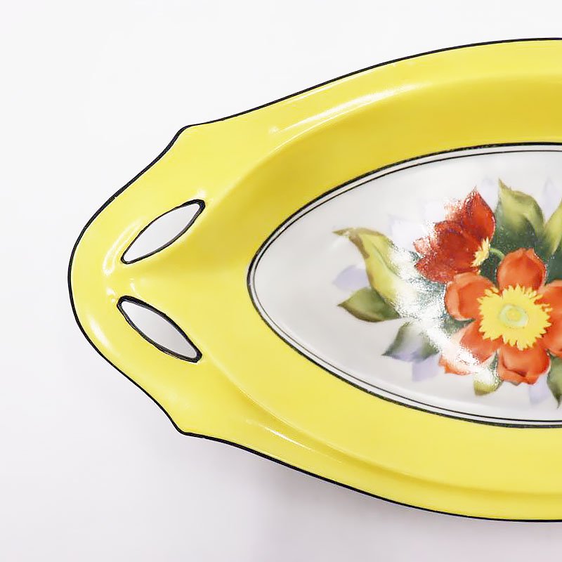 希少 オールドノリタケ 手描き セロリ皿 変形皿 飾り皿 イエロー 花柄 