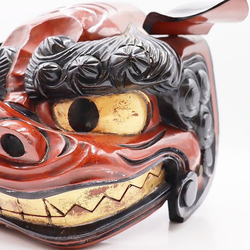 木彫 漆塗り 獅子頭 赤獅子 工芸品 骨董 アンティーク 日本製 小民具