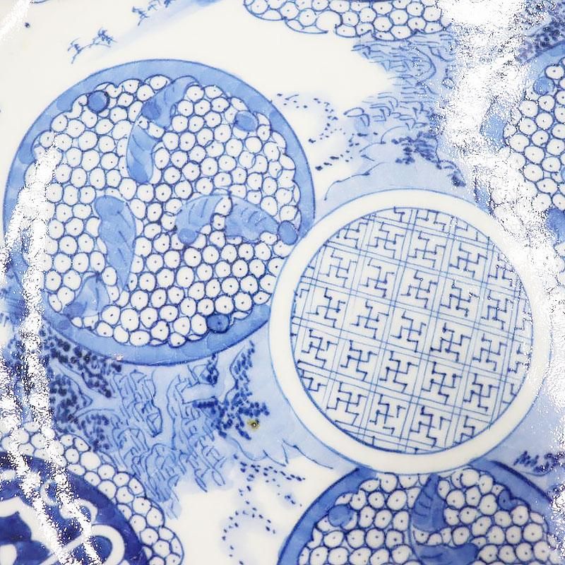 希少価値の高いアンティーク手描き染付大皿｜直径31.5 高さ6｜動物モチーフ