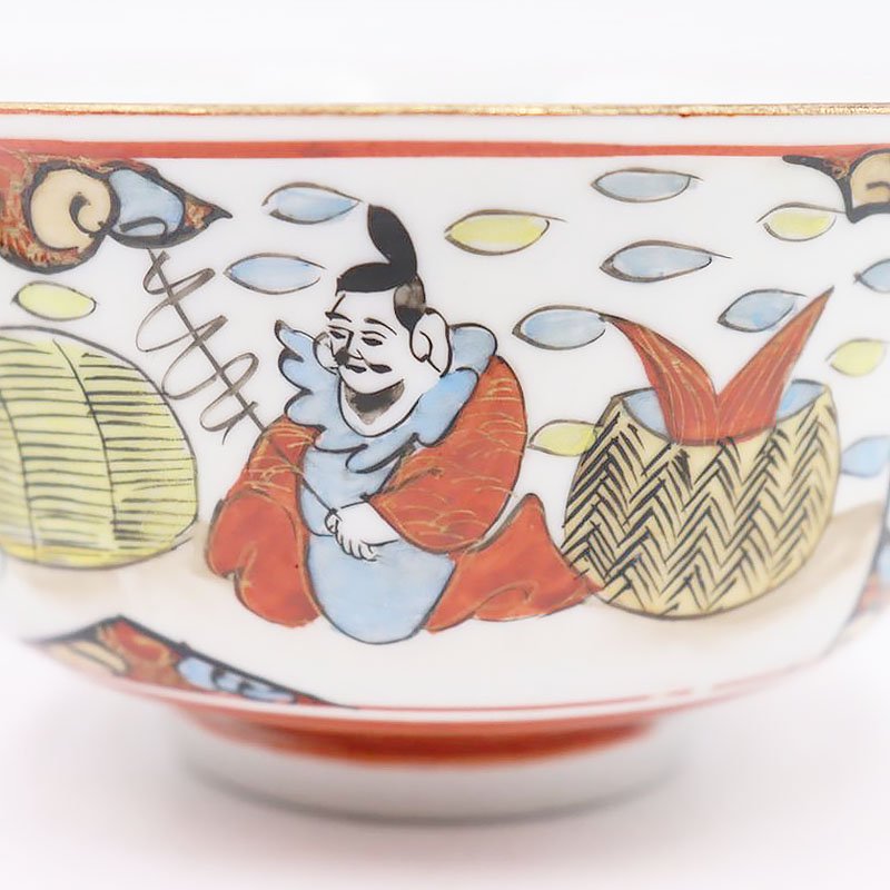 手描き 色絵 九谷焼 蓋碗 平碗 縁起物 かわいい 大正 骨董 アンティーク 和食器 おもてなし（恵比須・大黒・花・風景） - 京都の骨董・アンティーク ・ヴィンテージの家具・食器・雑貨｜antique blue Parrot KYOTO