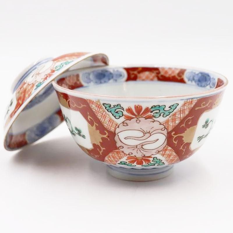 蓋茶碗□赤絵色絵 古伊万里 窓松竹梅 18客 蓋物 蓋碗 窓唐草図