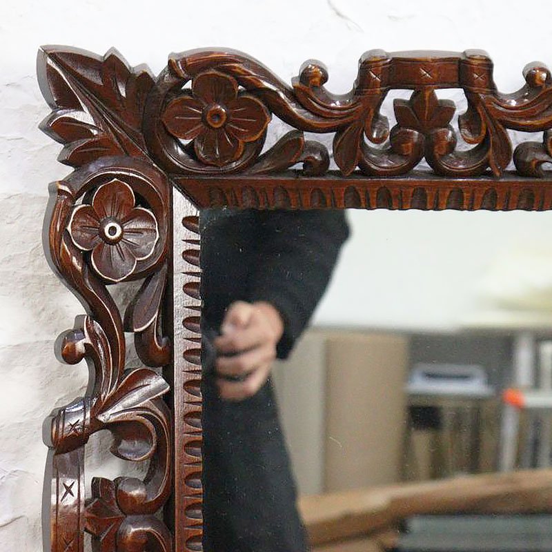 【アンティーク】レトロ 木枠 壁掛け鏡 ウォールミラー モダン 彫刻 木彫り花