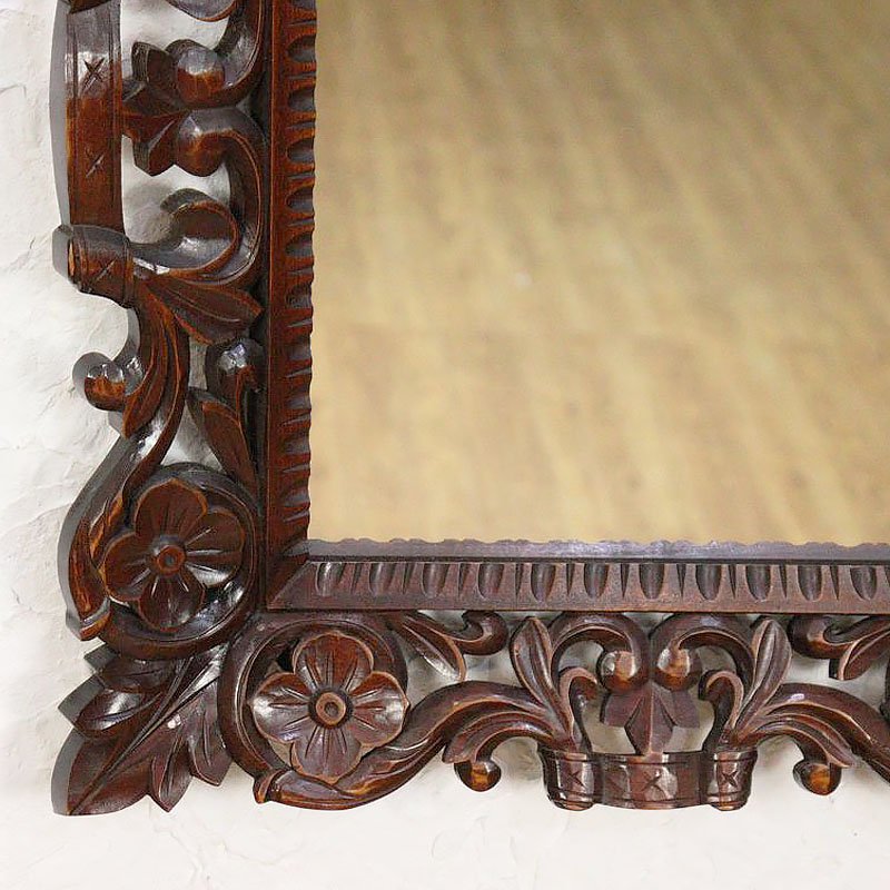 ② アンティーク アイヌ彫刻 木製 壁掛け鏡 ウォールミラー 昭和レトロ 公式の - 鏡