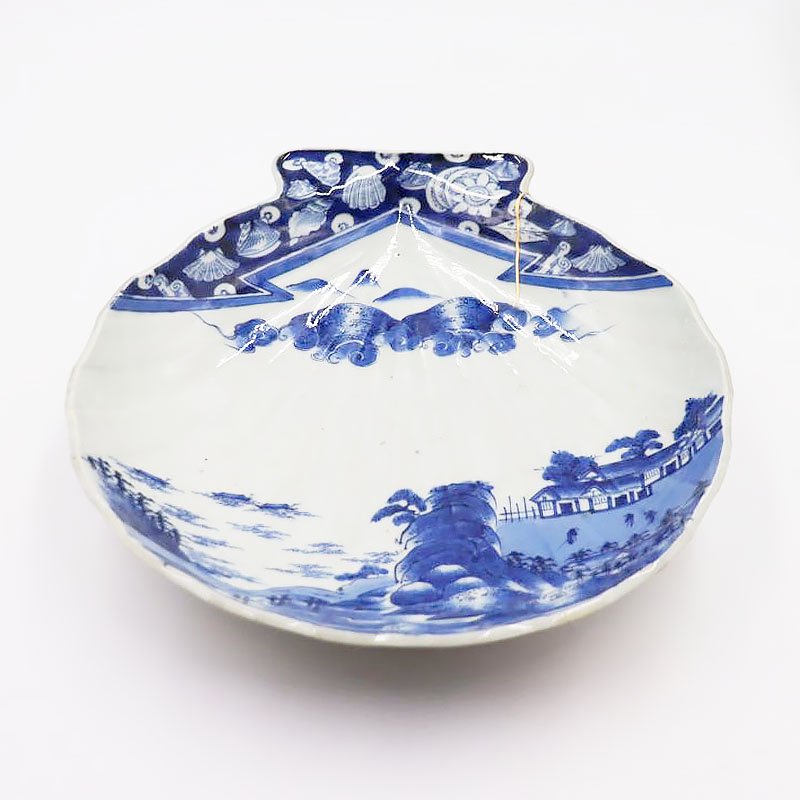 金継ぎ】手描き 染付 大皿 貝型 変形皿 盛り皿 飾り皿 呉須 藍 日本製