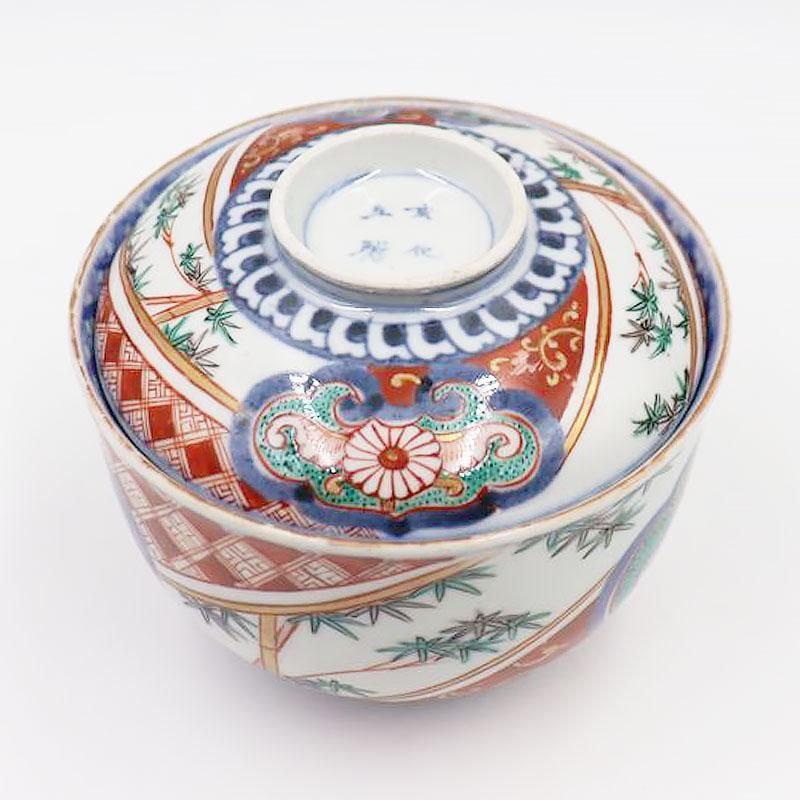 色絵蓋物　４客組（１客訳あり）　アンティーク　食器　骨董品 色絵蓋物 4客組（1客訳あり） アンティーク 食器 骨董品