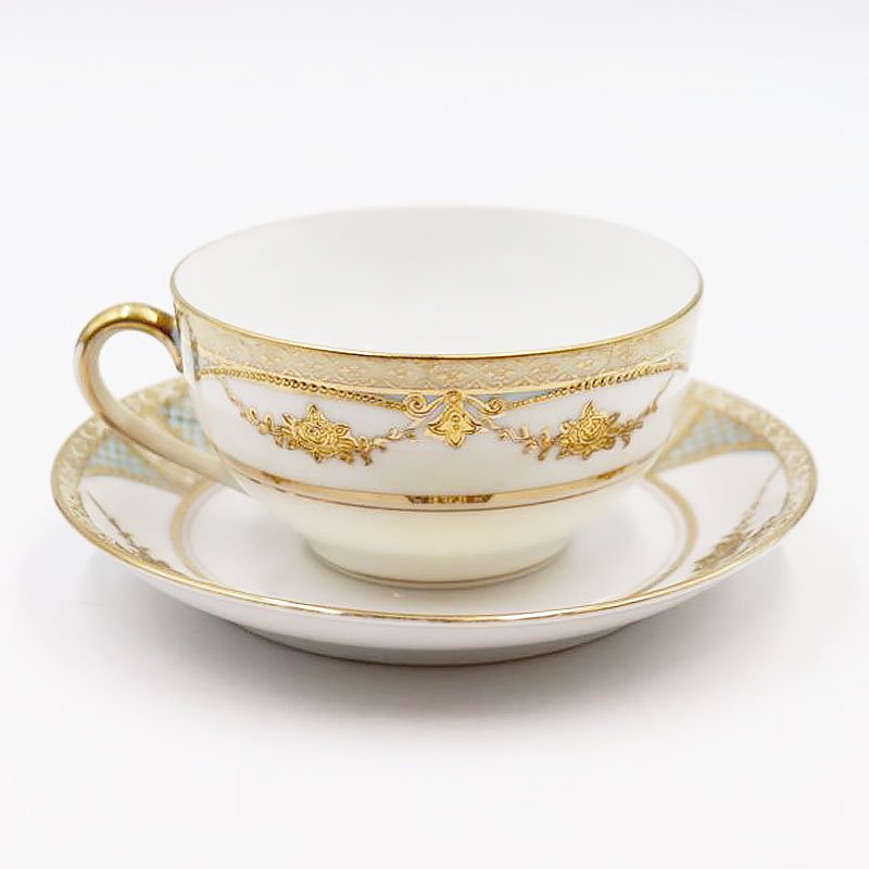 オールドノリタケ NORITAKE 輸出用 ティー カップ＆ソーサー 金彩 パウダーブルー 水色 洋食器 上品 大正 アンティーク クラシック -  ブルーパロット｜京都のアンティーク食器・家具・引取・修理・金継ぎ