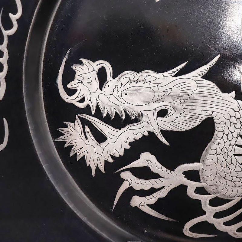 銀龍ブラック ケーキ皿｜希少な手描き九谷焼｜アンティーク品