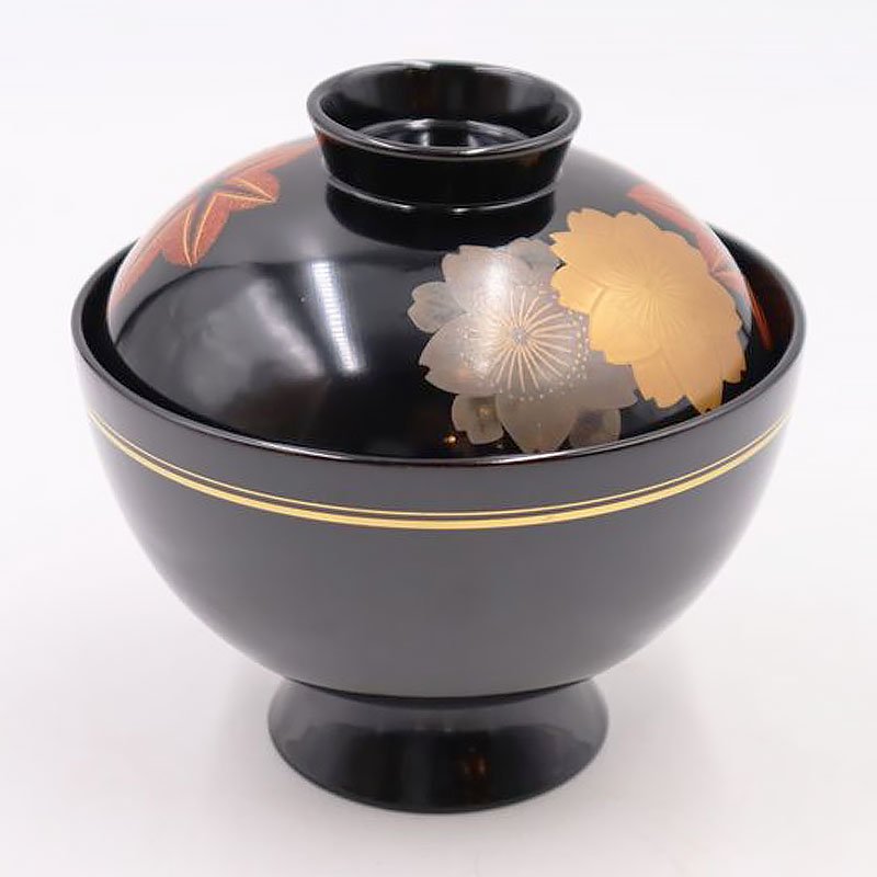 蒔絵入り 黒塗 蓋椀 吸物椀 アンティーク 骨董 和食 漆器の器 木地 日本製 日本の暮らし（雲錦・紅葉・桜） - ブルーパロット｜京都のアンティーク 食器・家具・引取・修理・金継ぎ