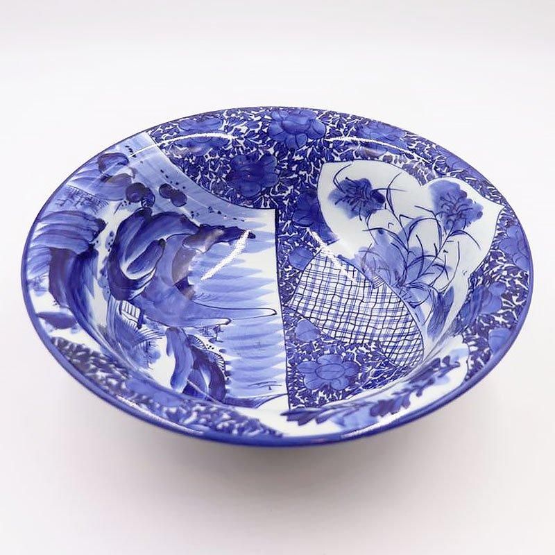【SALE／10%OFF 手描き 染付 飾り鉢 盛り鉢 青 ブルー 藍 大鉢 中鉢 工芸品