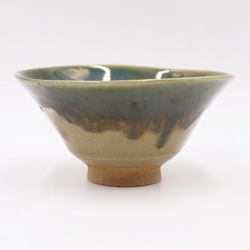 昭和初期の緑釉端反型抹茶碗｜直径14 高さ7｜お稽古用ヴィンテージ和食器