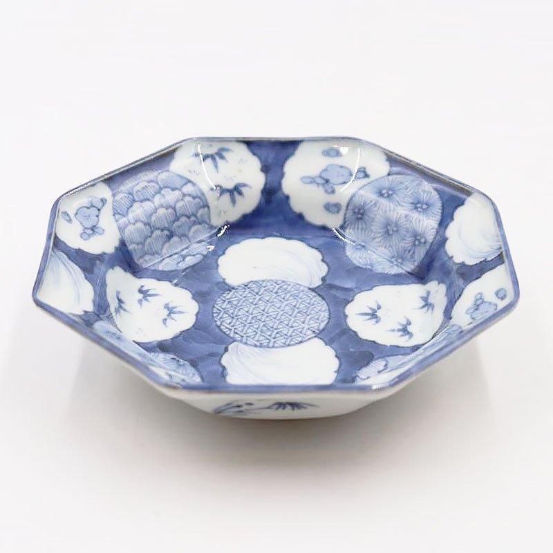 手描き 染付 八角皿 向付 なます皿 呉須 藍 青 ブルー 明治