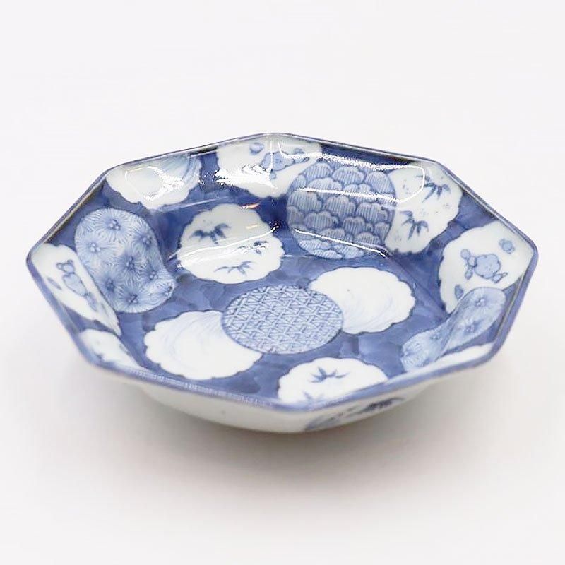 手描き 染付 八角皿 向付 なます皿 呉須 藍 青 ブルー 明治