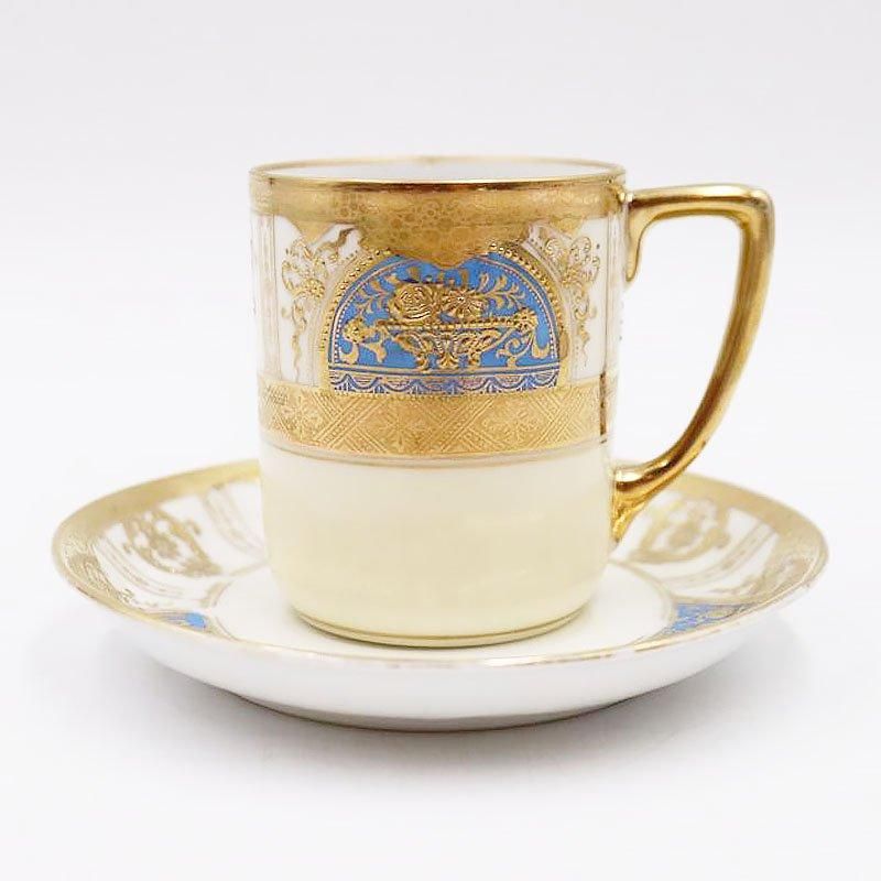 金継ぎ】ノリタケ デミタスカップ＆ソーサー ブルー 水色 金彩 金盛り