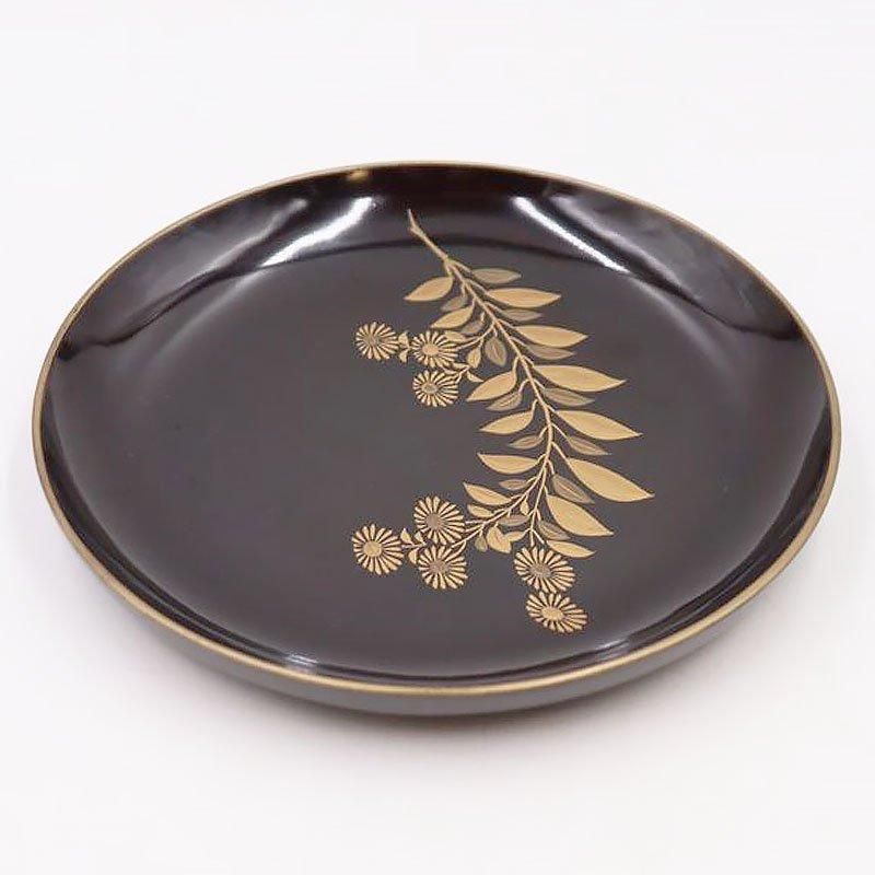 アンティーク黒漆塗り木皿 季節の植物蒔絵 華やか菓子皿