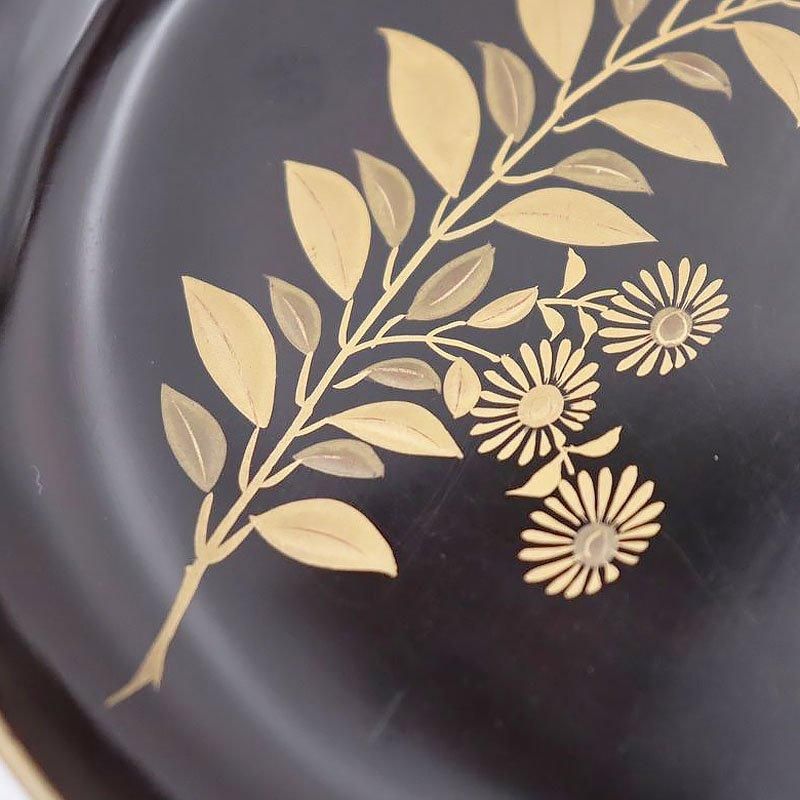 アンティーク黒漆塗り木皿 季節の植物蒔絵 華やか菓子皿
