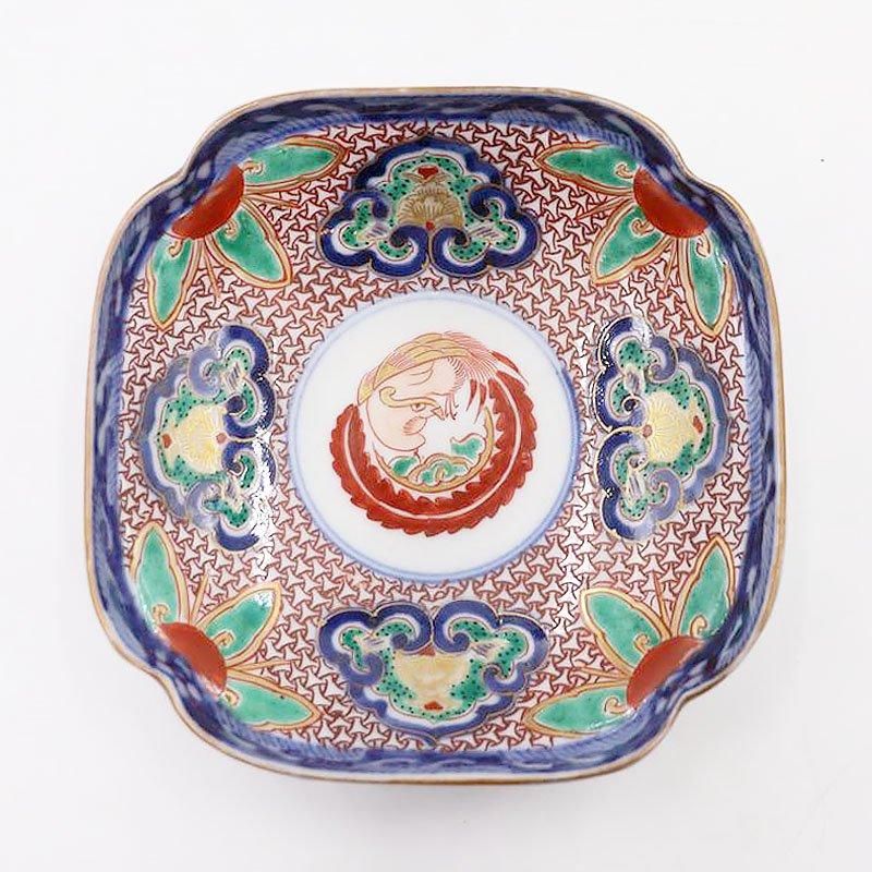 手描き 大聖寺伊万里 入隅 小皿 錦手 和食器 アンティーク 豪華 極彩色 カラフル ハレの日（鳳凰・赤玉・唐草）