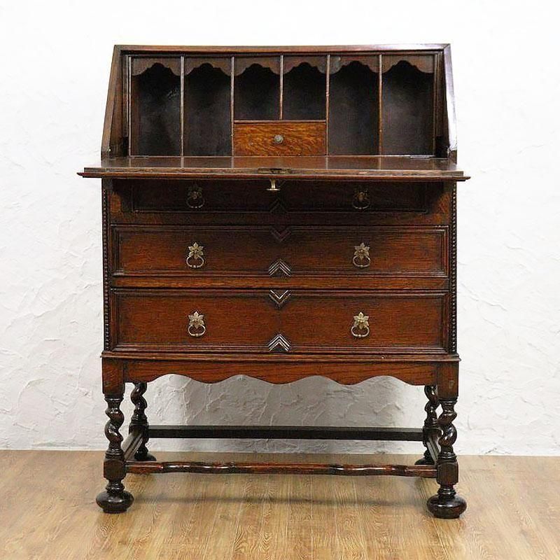 英国アンティークオーク材ビューロー｜幅77.5奥行44-72高さ100｜重厚感