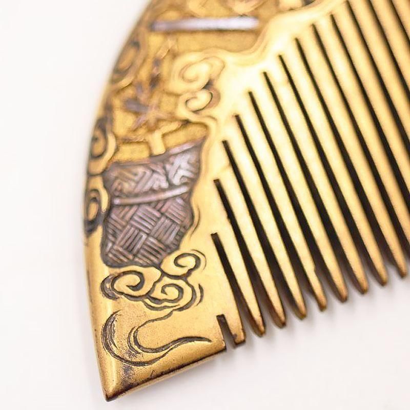 アンティーク　櫛　木製　金彩　波に鶴　和装小物　くし 時代物！簪 櫛 セット かんざし くし 木箱 鼈甲 婚礼 和装小物