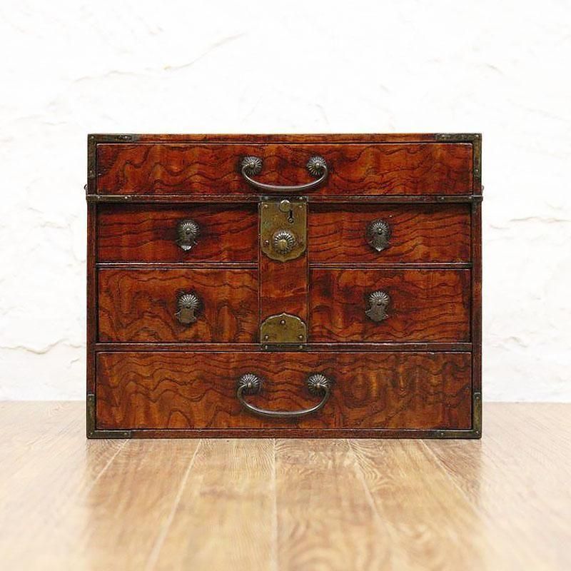 閂付き 小引出し 小物入れ 栃材 時代金具 日本製 明治 大正 日本の道具