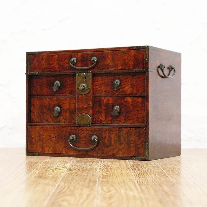 閂付き 小引出し 小物入れ 栃材 時代金具 日本製 明治 大正 日本の道具