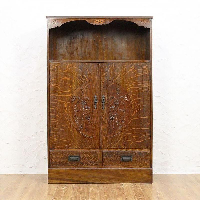 昭和期の日本伝統貼り皮木製収納棚 ウンテンジ　時代物 引き出し収納 昭和レトロ柄 おしゃれ 飾り棚 仕切り棚 木製 木箱