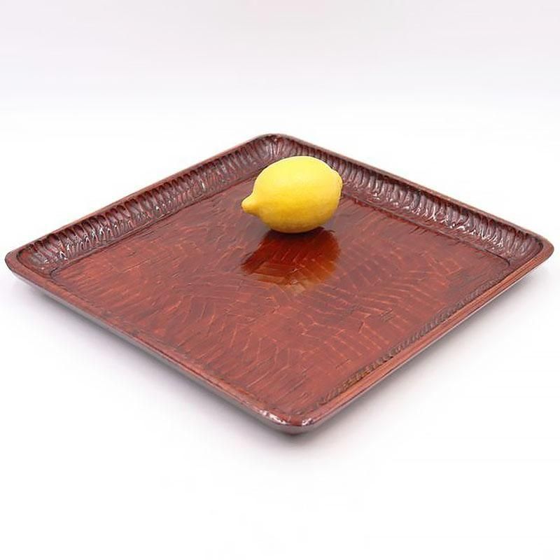 美品　讃岐彫　松くり抜き　漆　四方盆 讃岐彫手作り四方盆：ノミ目魅力と安定感活躍の一品