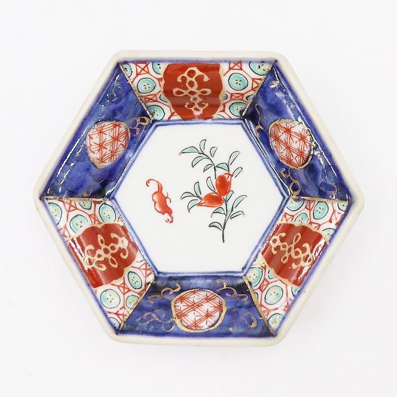 手描き色絵六角豆皿｜幅10 高さ2｜かわいいアンティーク