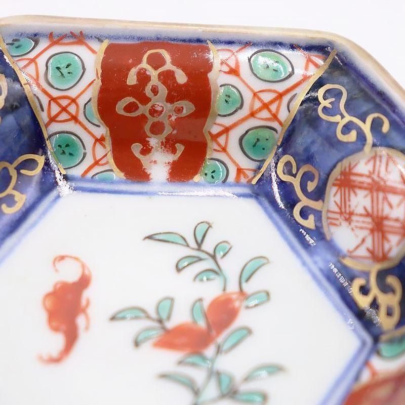 手描き色絵六角豆皿｜幅10 高さ2｜かわいいアンティーク