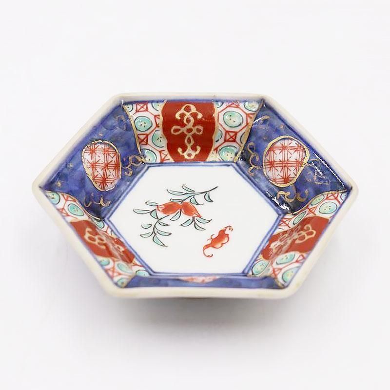 手描き色絵六角豆皿｜幅10 高さ2｜かわいいアンティーク