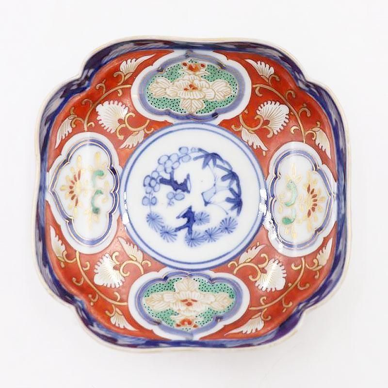 339　古伊万里色絵松竹梅図半筒茶碗　無疵美品　幕末 骨董品 古伊万里 幕末/明治期 金彩色絵染付 松竹梅 雷文 なます