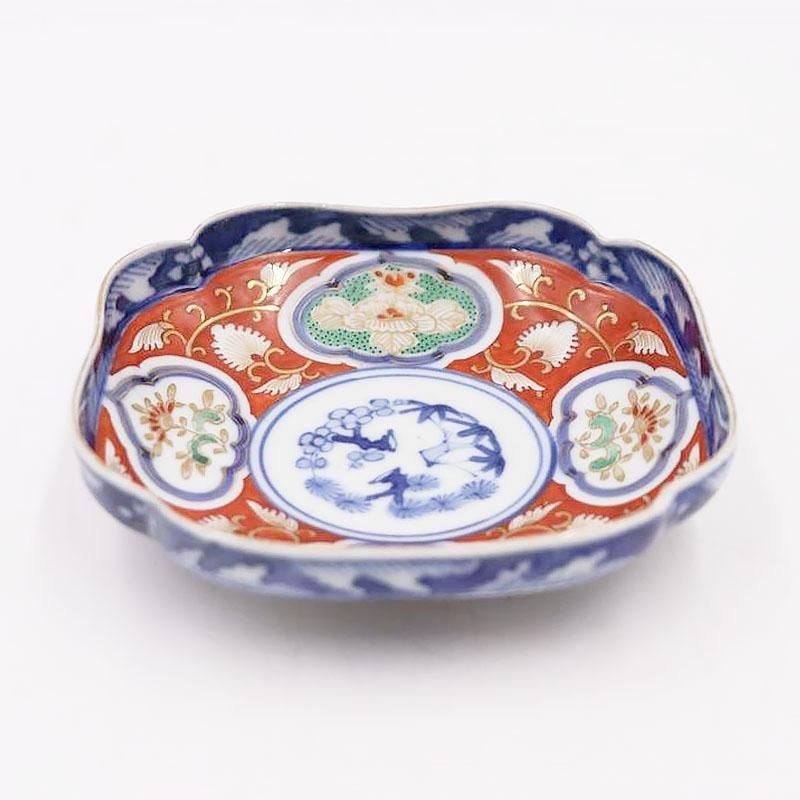 手描き 大聖寺伊万里 入隅 小皿 錦手 和食器 アンティーク 豪華 極彩色 カラフル ハレの日（松竹梅・花唐草）