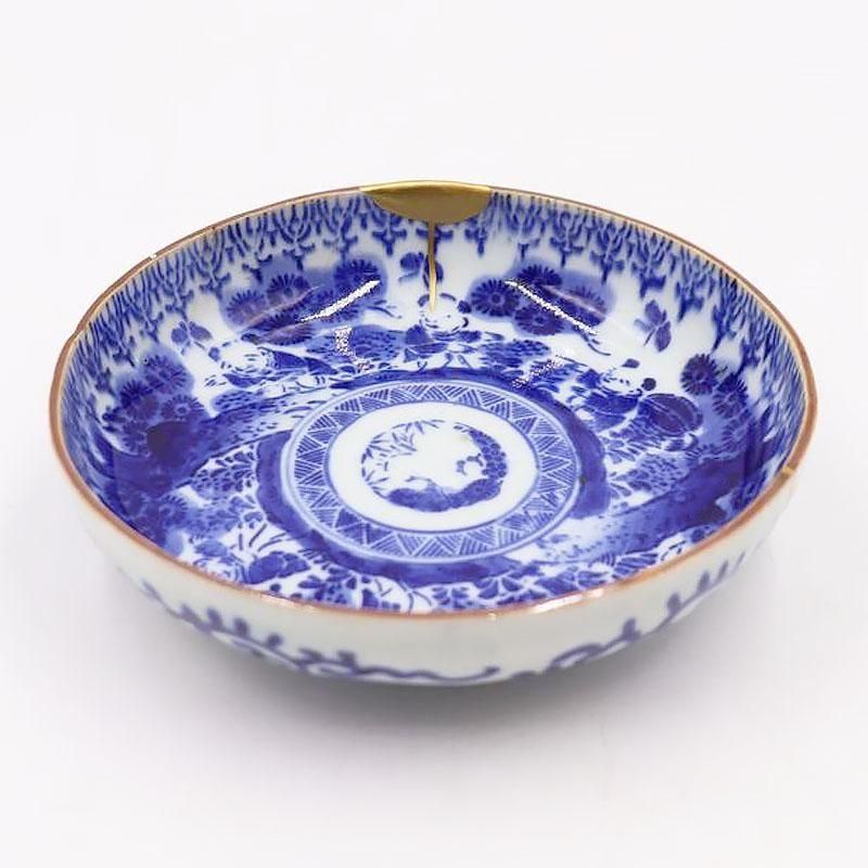 【金継ぎ】印判 染付 なます皿 生酢皿 向付 呉須 藍色 和食器 昭和初期 アンティーク 骨董 和食器 （唐子・菊・松竹梅・唐草）