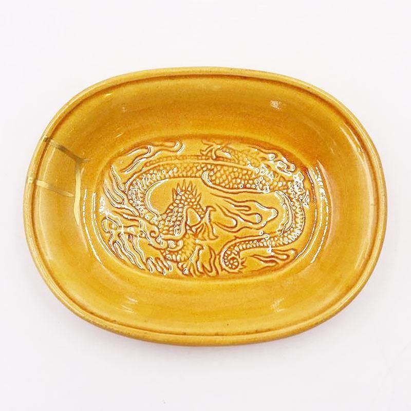 capiahcacum陶器の顔付き金色皿 金継ぎ】小判型 楕円 豆皿 淡路 民平焼 ミンペイ 黄釉 ミニ 手塩皿