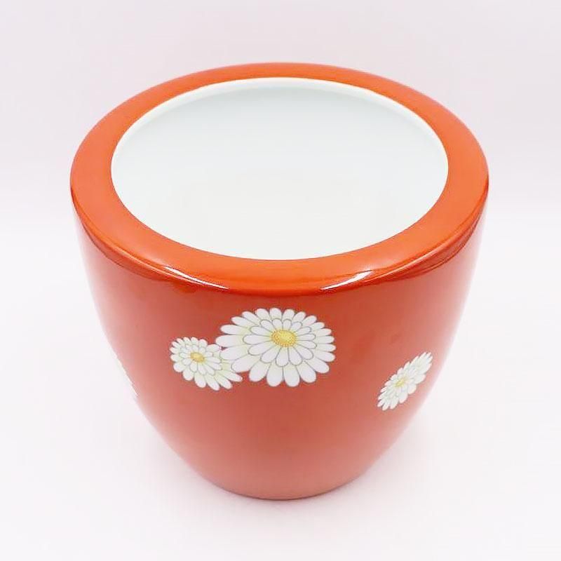 ノリタケ火鉢 赤地に白小菊 大正時代 直径25cm 高さ23cm